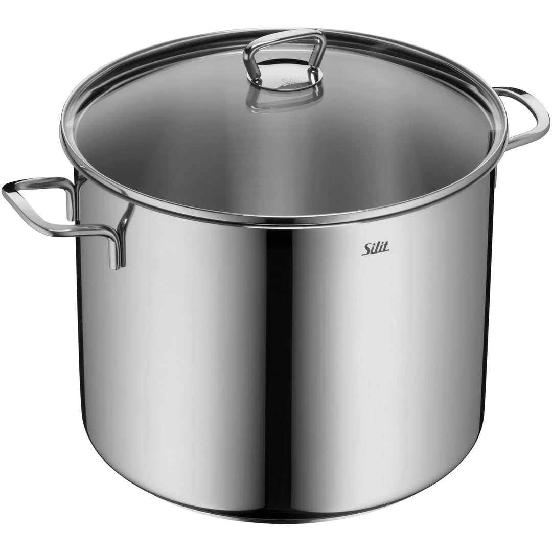Silit Gemüse- Suppentopf Induktion 28cm, Glasdeckel, Topf hoch 12l, Edelstahl poliert, unbeschichtet