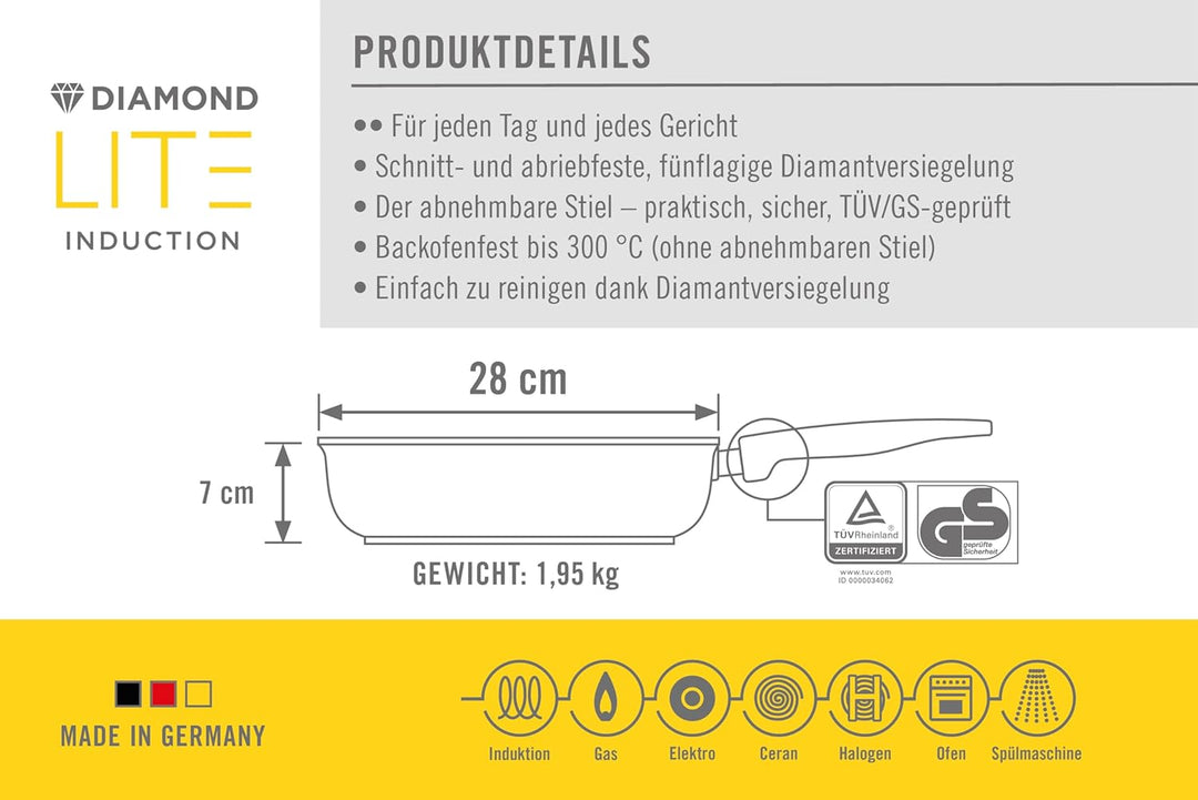 Woll Diamond Lite Hochrandpfanne - Induktiv -, Ø 28 cm, 7 cm hoch, mit abnehmbarem Stiel - Geeignet
