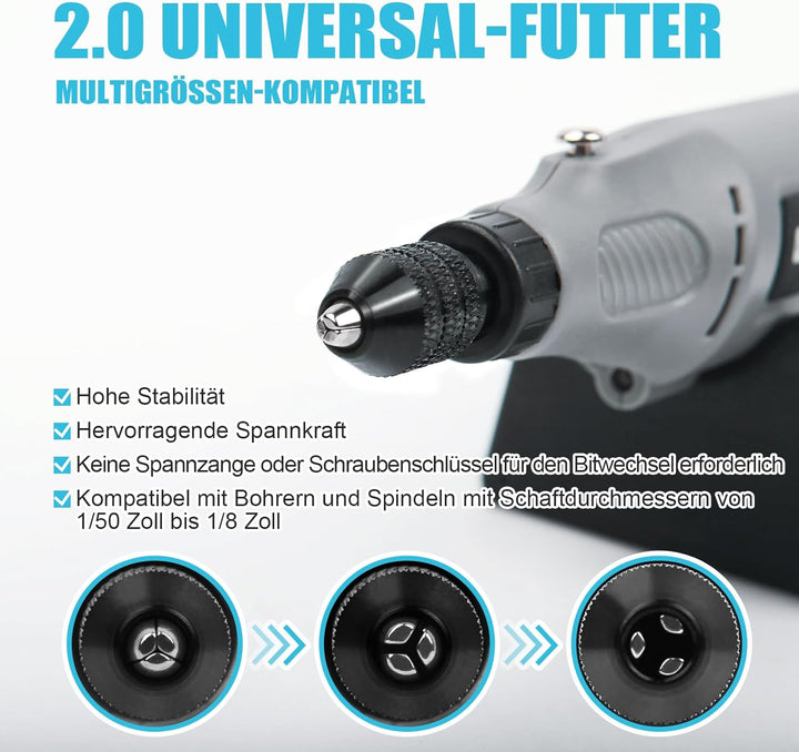 Rotationswerkzeug-Kit mit variabler Geschwindigkeit und 2.0-Universalfutter von 1/50'' bis 1/8'', ka
