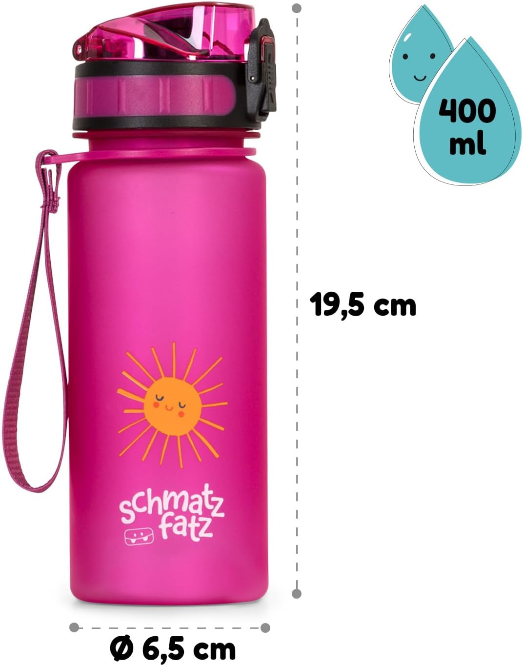 schmatzfatz Kinder Trinkflasche 400ml, Sport für Schule Kindergarten, 1-Klick Verschluss, Geschmacks