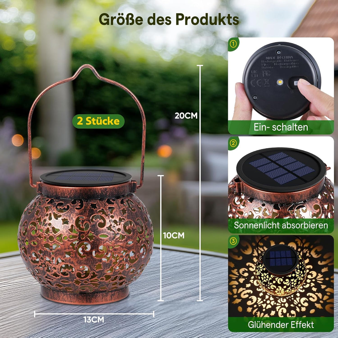 JOYCREATOR Solarlaterne für Aussen Wasserdicht IP65, 2 Stück LED Vintage Solar Laternen für Draussen