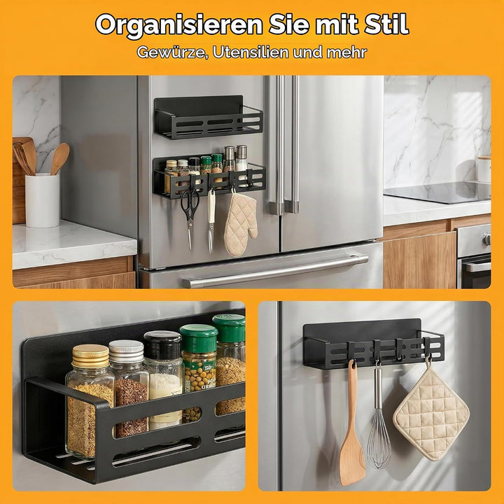 2 Stück Gewürzregale, Kühlschrank Regal Magnetisch mit 8 Haken Magnetregal Magnetic Spice Rack Kühls