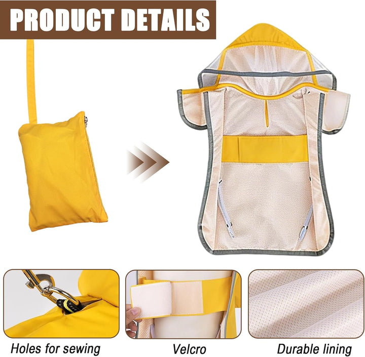 Regenmantel Hund Wasserdicht M–XL – Gelber Hunderegenmantel mit Kapuze, Reflektierende Streifen, Ver