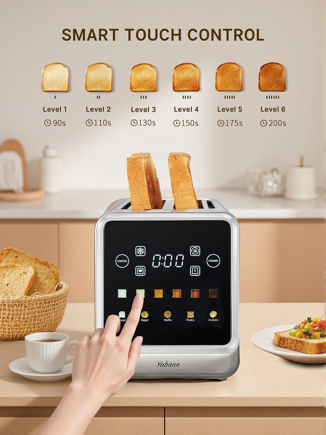 Yabano Toaster 4 Scheiben mit Touchscreen & Memory-Funktion, Single-Slice-Technologie, Timer, Auftau