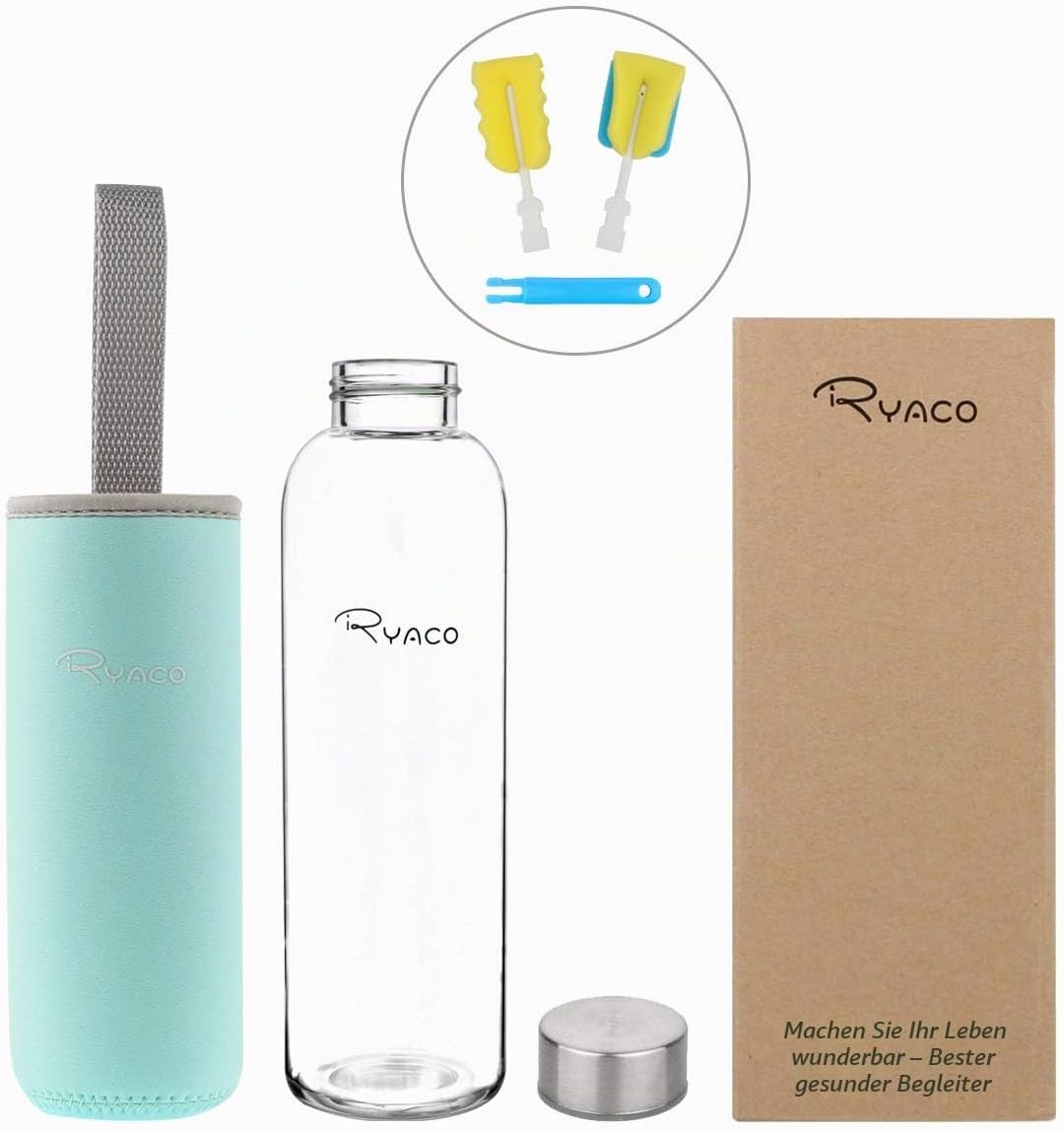 Ryaco Trinkflasche aus Glas 550ml/750ml/1000ml/1L,Glasflasche mit Neoprenhülle,Glastrinkflasche mit