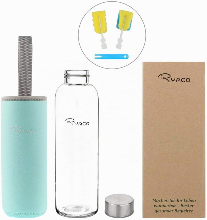 Ryaco Trinkflasche aus Glas 550ml/750ml/1000ml/1L,Glasflasche mit Neoprenhülle,Glastrinkflasche mit