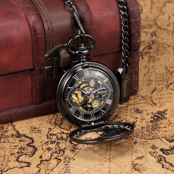 TREEWETO Unisex Taschenuhr mit Kette Analog Handaufzug Doppelscharnier Antik Drache Skelett Bronze 5