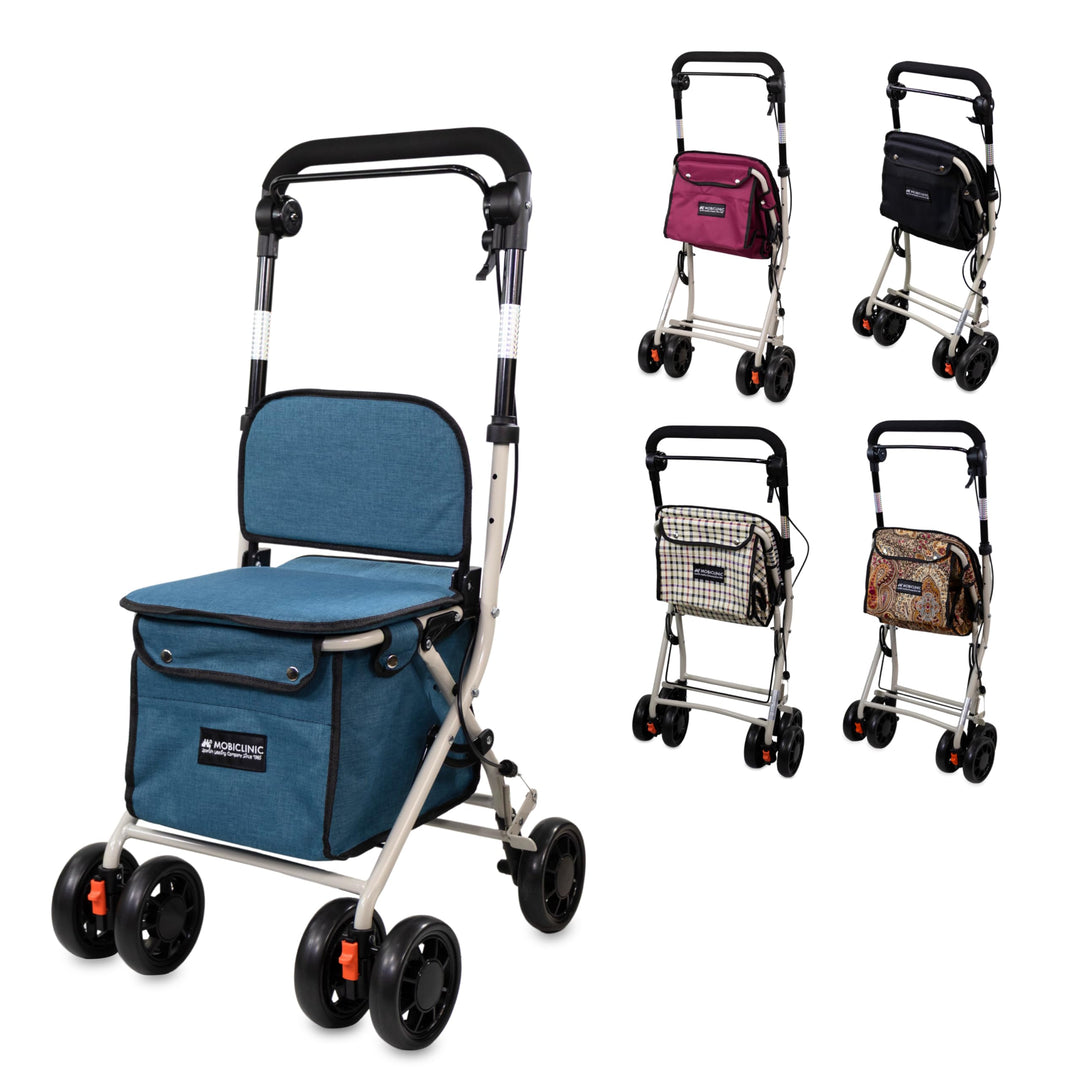 Mobiclinic®, Einkaufswagen mit Sitz, Faltbarer Rollator für Erwachsene, 21 L, Rückenlehne, 4 Räder,