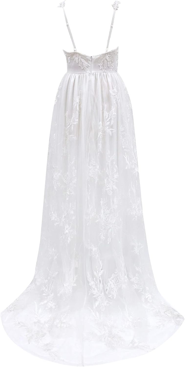 Trauung Kleid Standesamtliche Brautkleid Damen Lang Schlichte Brautmode Tüll V-Ausschnitt Damen Brau