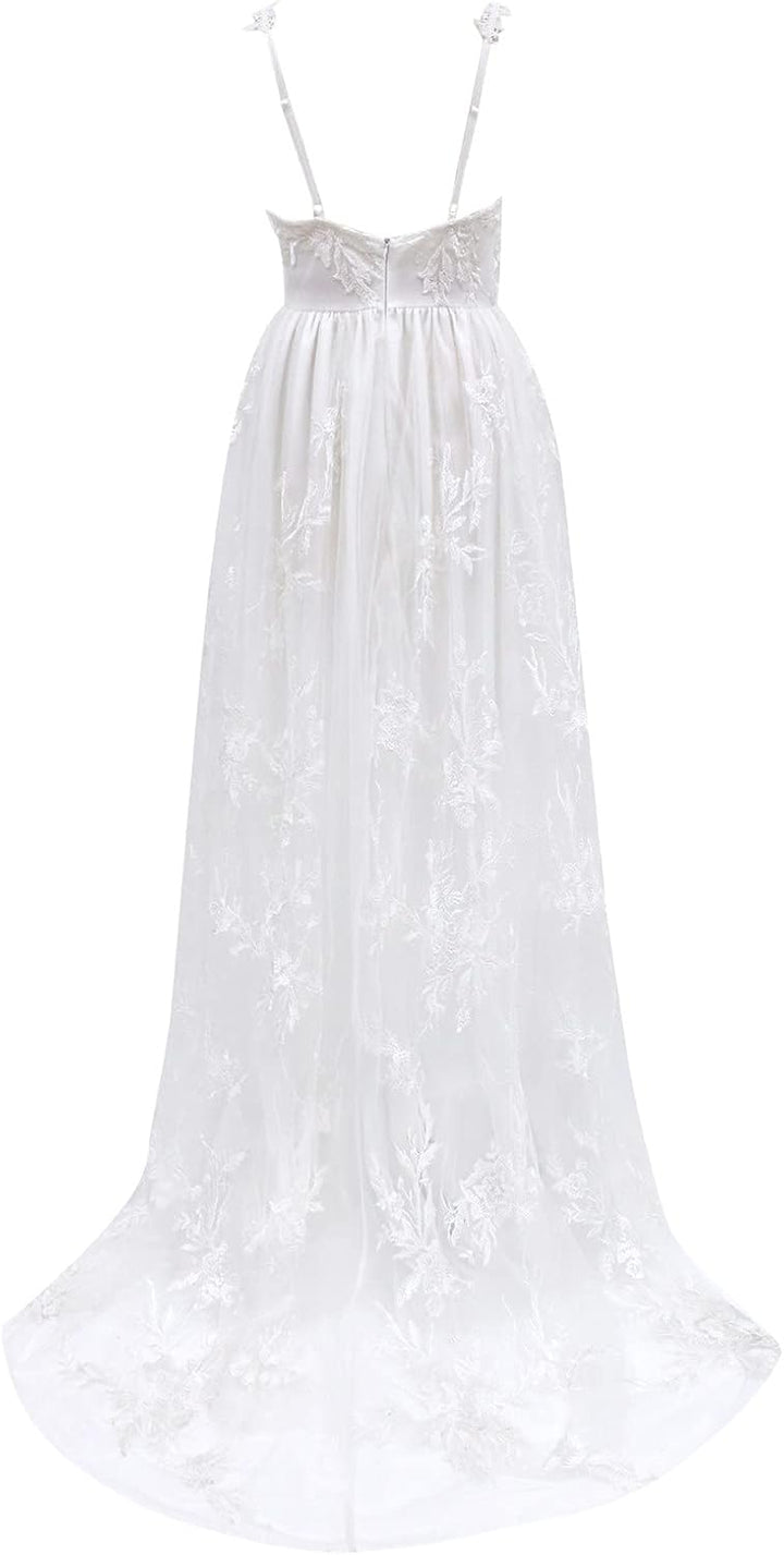 Trauung Kleid Standesamtliche Brautkleid Damen Lang Schlichte Brautmode Tüll V-Ausschnitt Damen Brau
