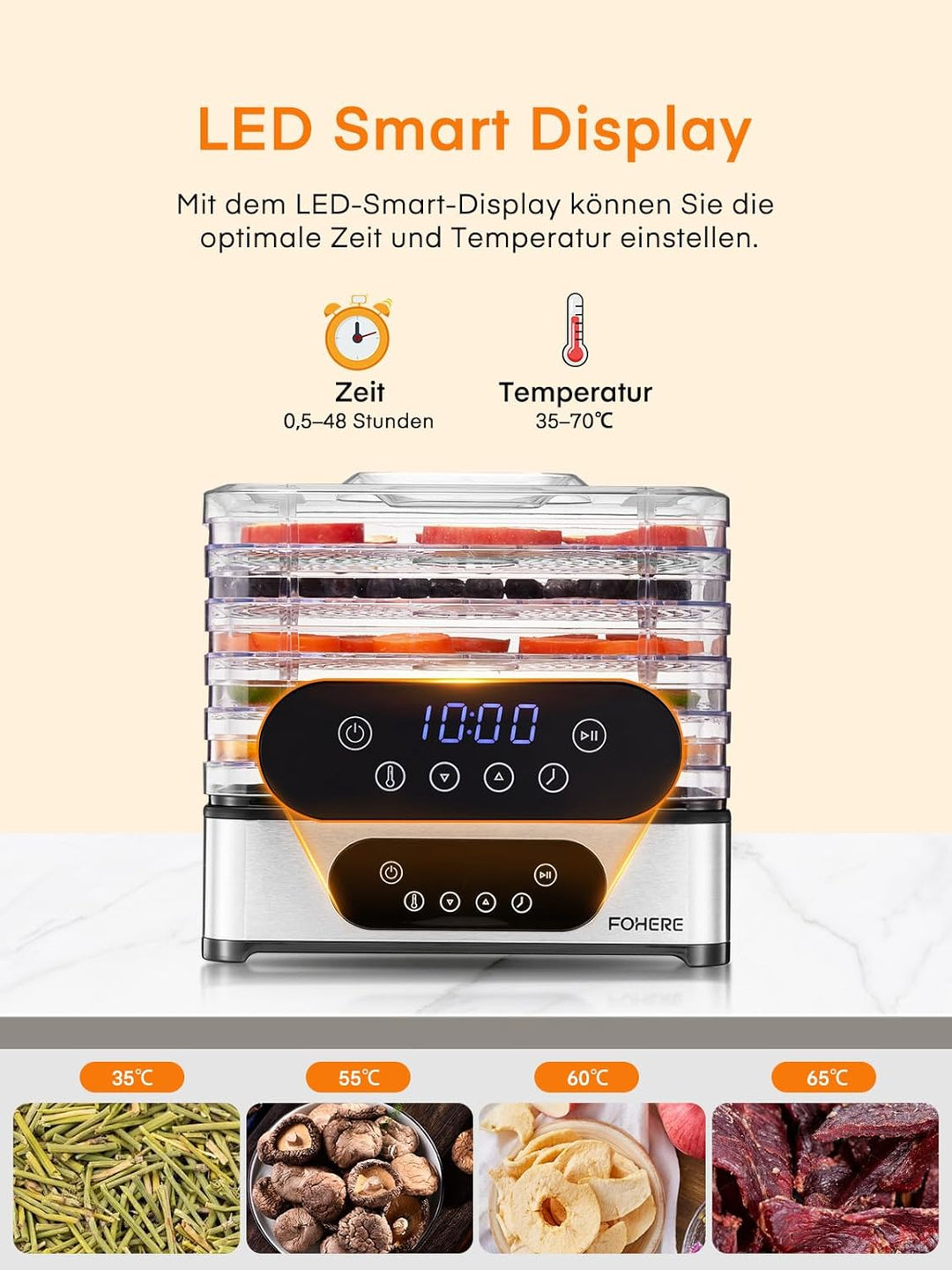 FOHERE Dörrautomat Edelstahl, Dörrgerät mit 5 höhenverstellbaren Tabletts, LED-Anzeige, 420W, 35-70°