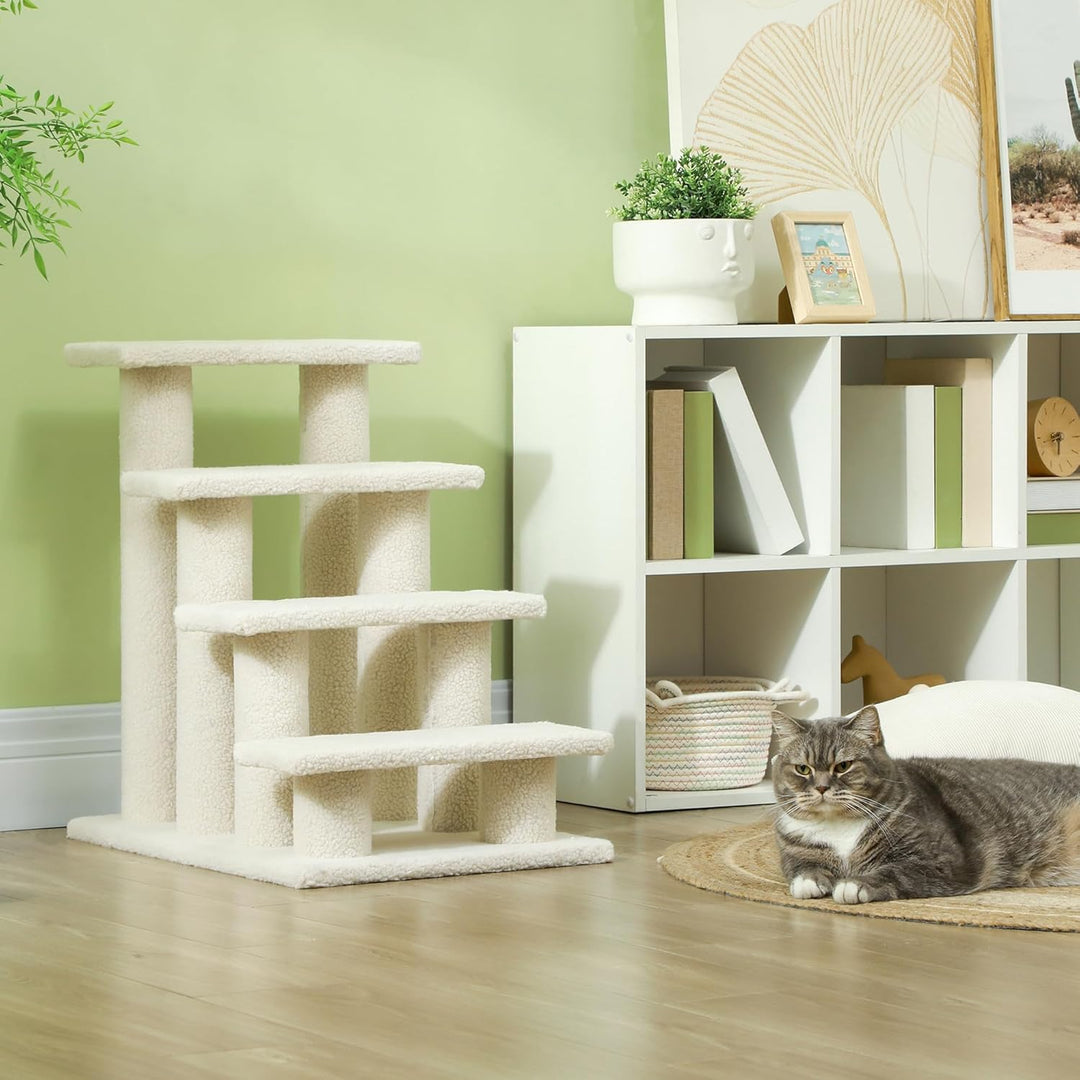 PawHut Tiertreppe Katzentreppe Hundetreppe Treppe für Katze und Hunde 4 Stufen Beige 63,5x43x60cm, B