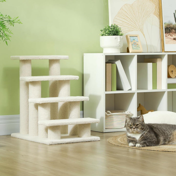 PawHut Tiertreppe Katzentreppe Hundetreppe Treppe für Katze und Hunde 4 Stufen Beige 63,5x43x60cm, B
