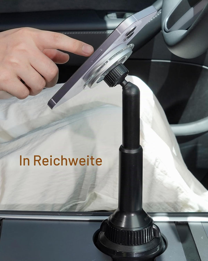 OQTIQ Handyhalterung Auto Getränkehalter – Kompatibel mit Mag-Safe, Lange Auszieharm & 360° Rotation