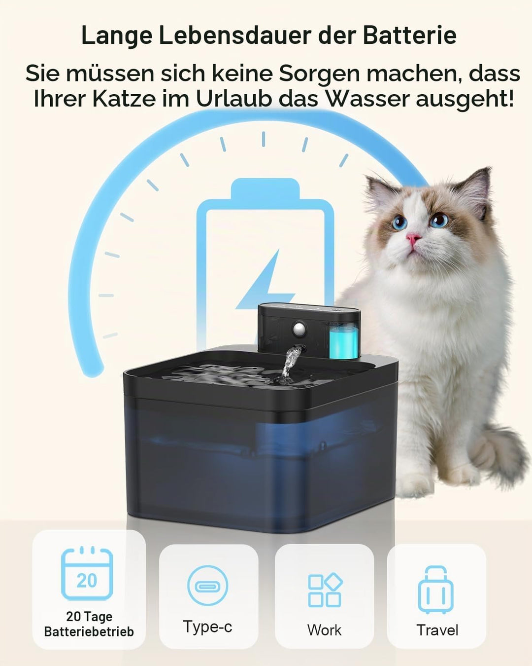 Katzenbrunnen Kabellos, VinDox 2.2L Trinkbrunnen für Katze Kabellos mit Bewegungsmelder, Batteriebet