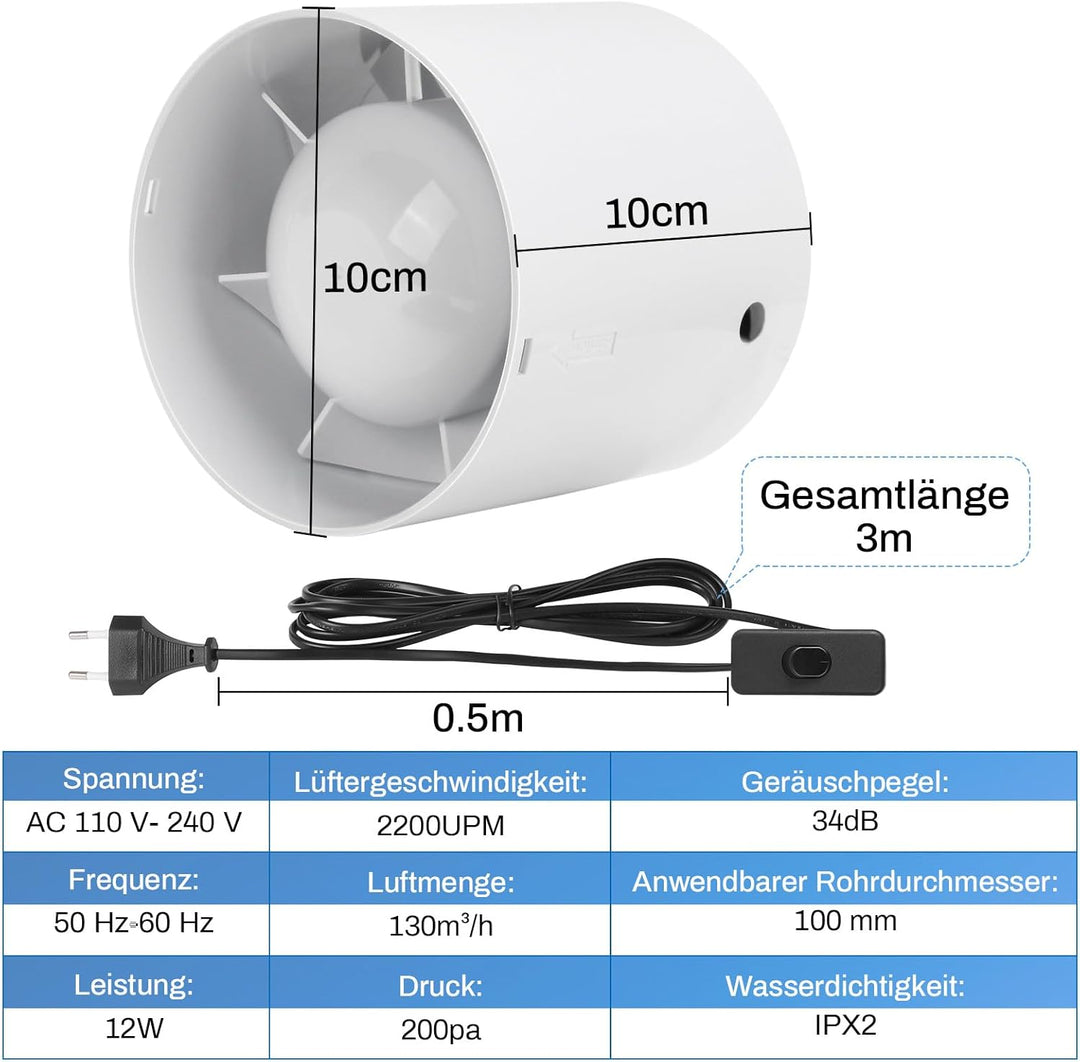 Kanal Rohrventilator, Inline-Abluftventilator 100 mm,130 m³/h,3M Kabel mit Schalterknopf, Leise Rauc