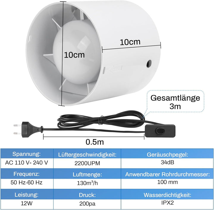 Kanal Rohrventilator, Inline-Abluftventilator 100 mm,130 m³/h,3M Kabel mit Schalterknopf, Leise Rauc