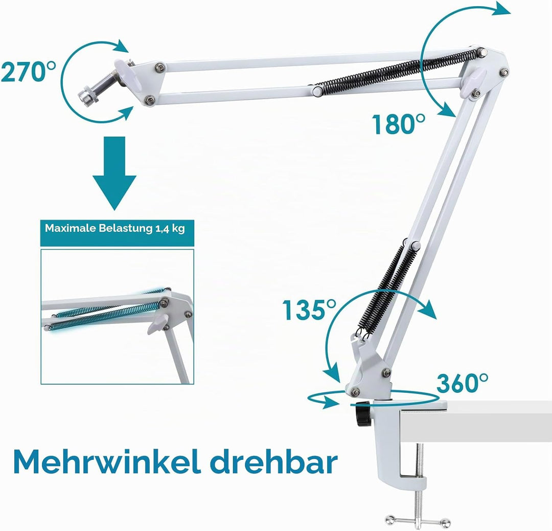 FIFINE K688 Mikrofonarm Weiss - Boom Arm Mikrofon Schwenkarmständer kompatibel mit FIFINE Recording