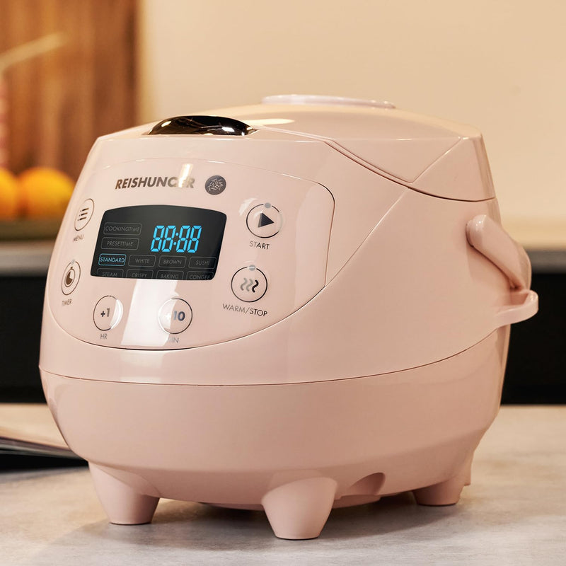 REISHUNGER Digitaler Reiskocher klein, rosa | 0,6 L bis 3 Personen | Warmhaltefunktion, Timer & Prem