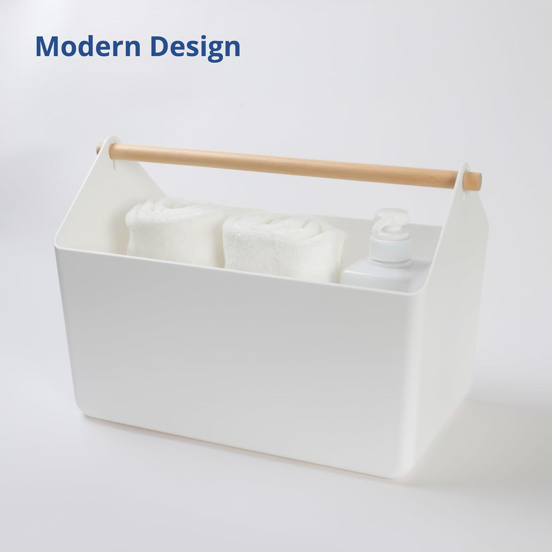 BLUE GINKGO Grosse Aufbewahrungskiste – Kunststoff-Caddy mit Holzgriff für Bad, Vorratsraum oder Rei