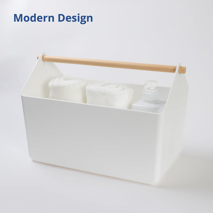 BLUE GINKGO Grosse Aufbewahrungskiste – Kunststoff-Caddy mit Holzgriff für Bad, Vorratsraum oder Rei