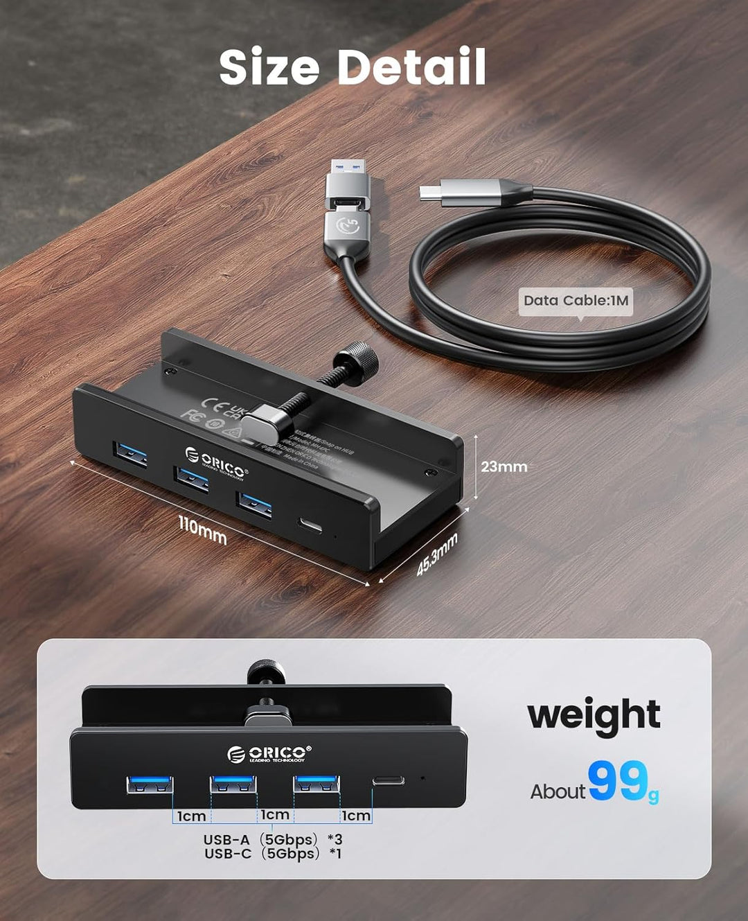 ORICO USB Hub, Aluminum USB 3.0 Hub Clip mit 5V Stromversorgungsanschluss, 5Gbps 4 Port USB Verteile