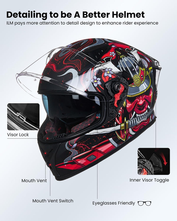 ILM Motorradhelm Integralhelm Herren Damen-Motorcycle Helmet mit 2 Visieren Pinlock-kompatiblen klar