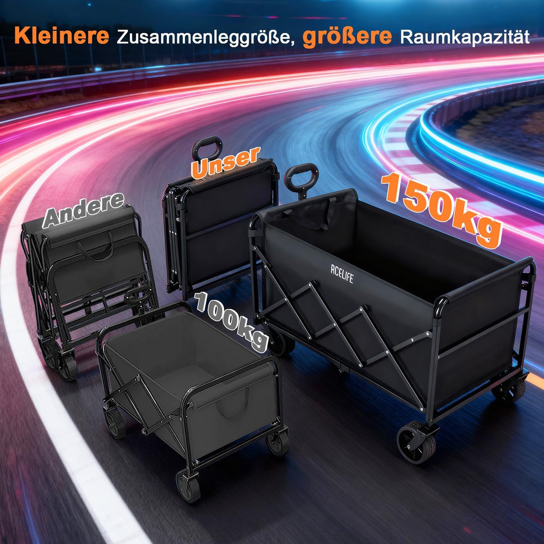 Bollerwagen Faltbar, Handwagen faltbar 150L Tragkraft 150KG mit verstellbarem Griff, Offroad-Rädern