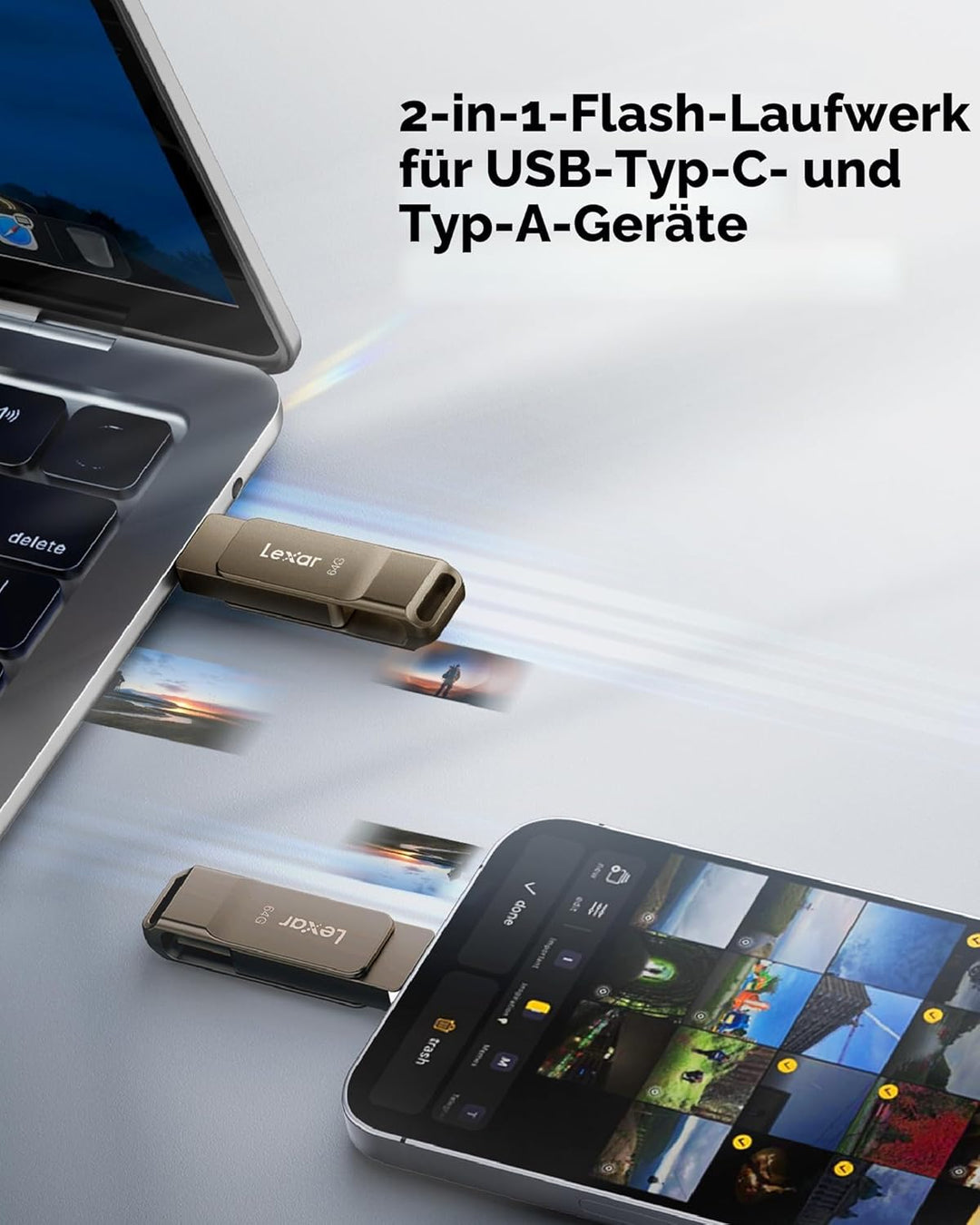 Lexar D40E 64 GB Dual USB 3.2 Gen 1 Type-C Jump Drive, USB-C Flash Drive, Metallgehäuse, Schwenkbare