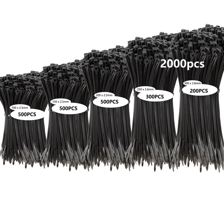 Armpow 2000 Stücks Kabelbinder Set - Schwarz, UV-Beständig, 100/150/200/250/300 mm, Selbsthemmend fü