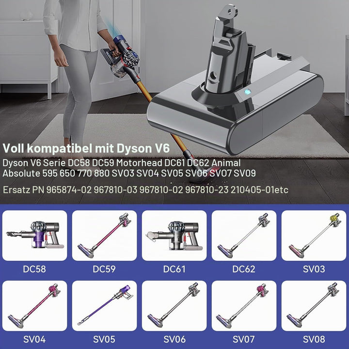 V6 Ersatzakku für Dyson V6 Akku Kompatibel mit DC62 DC58 DC59 DC61 DC62 Animal DC72 DC74 SV03 SV04 S