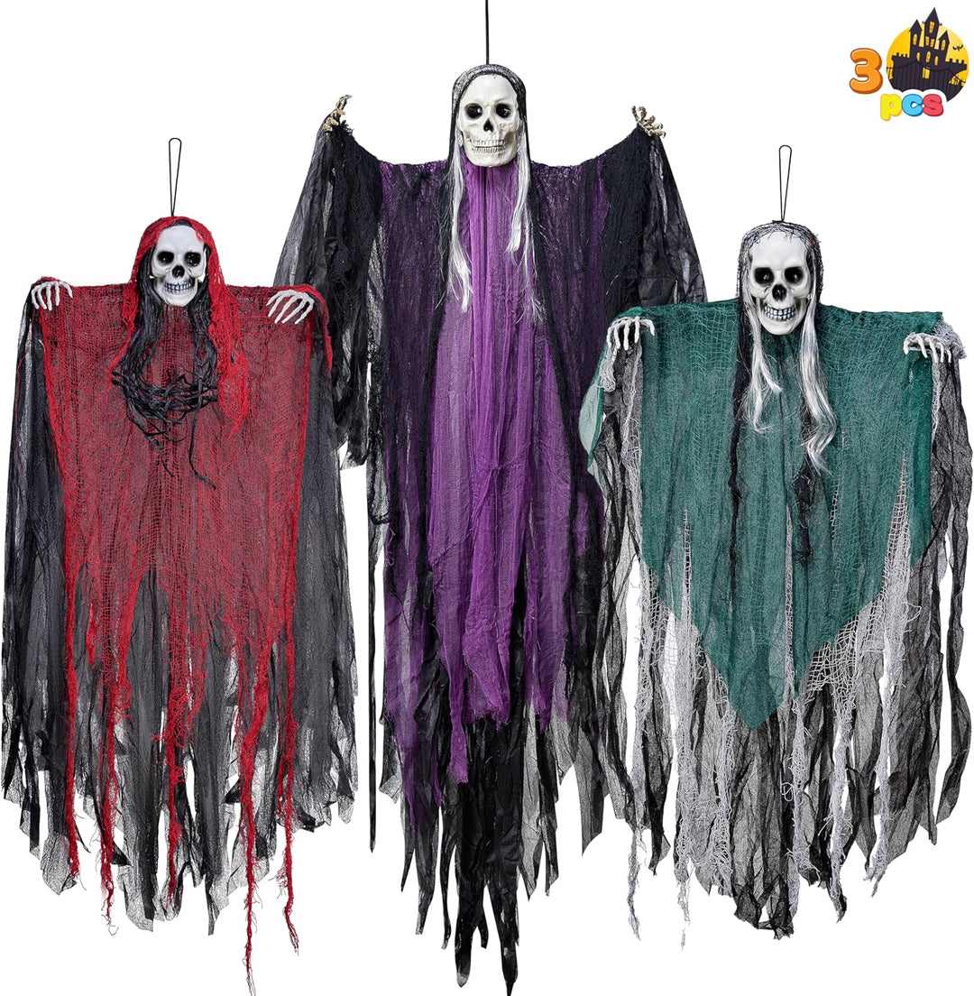 JOYIN 3 Stück Halloween-Skelett-Sensenmann-Dekoration zum Aufhängen, EIN 134 cm grosses Halloween-Sk