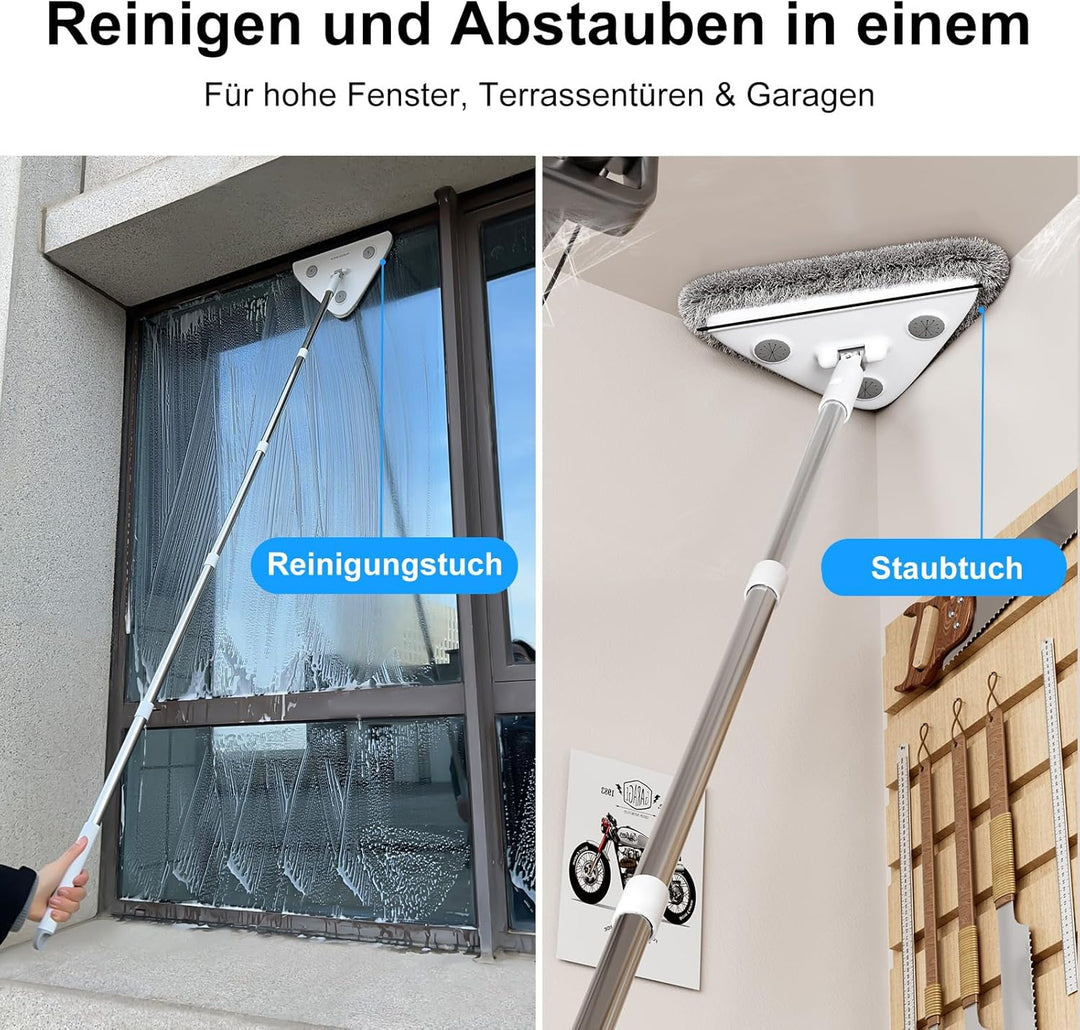 CTIME 3-in-1 Fensterreiniger mit 360° drehbarem Dreieckkopf & Teleskopstiel (200 cm) – Fensterabzieh