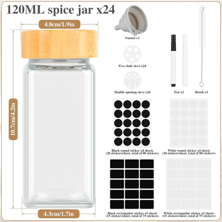 Lannvan Gewürzgläser Eckig, [24x 120ml] Gewürzgläser mit Streueinsatz, Gewürzgläser mit Bambusdeckel