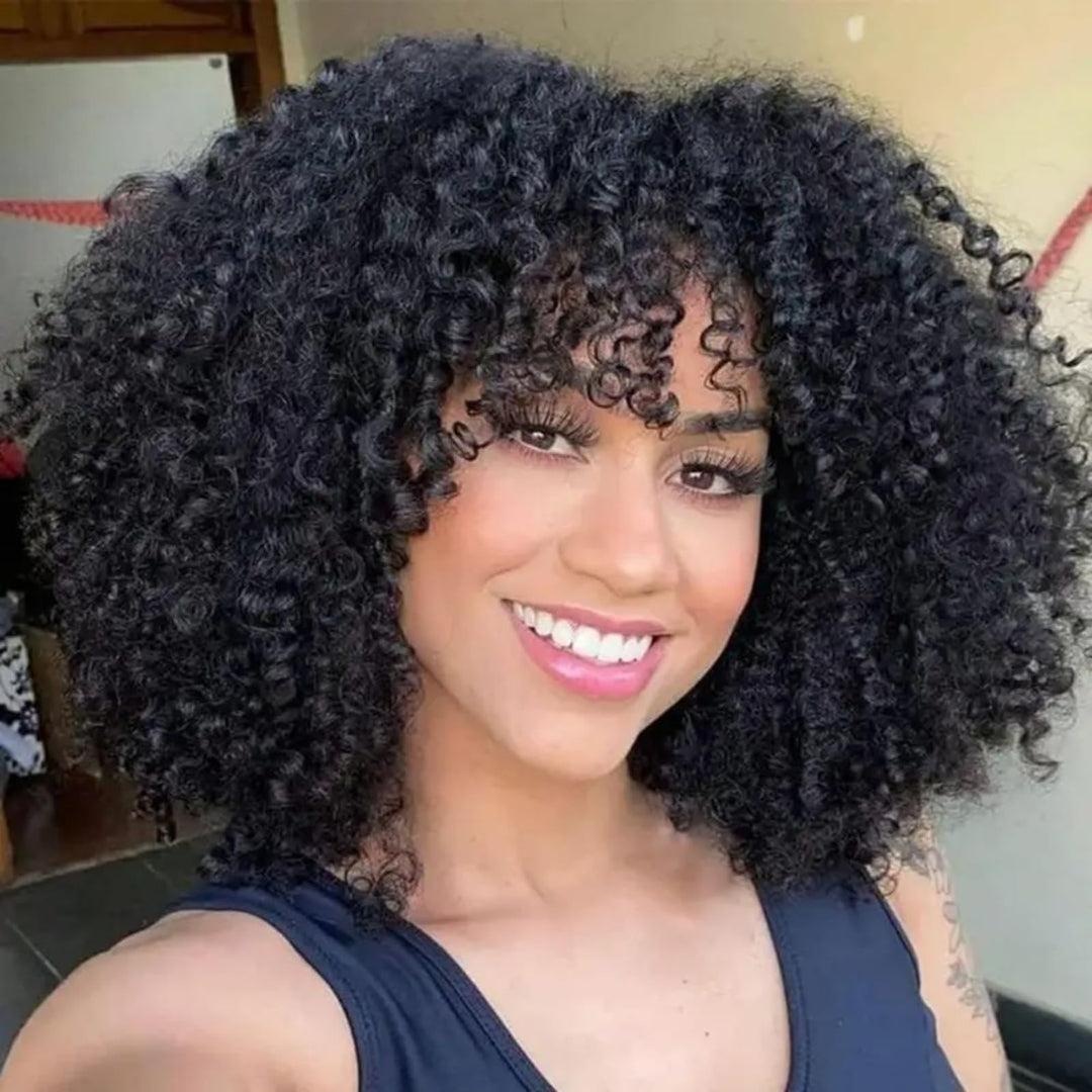 FASHION IDOL Kurzer lockiger Bob Echthaarperücken mit Pony Jerry Curl Brasilianisches Echthaar Keine