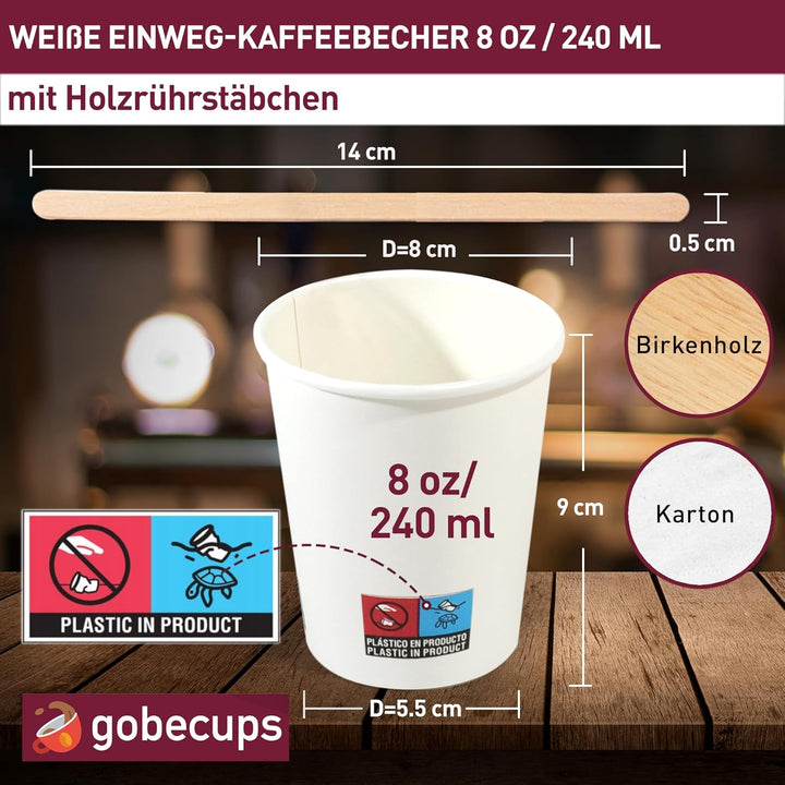 gobecups 200 Weisse Einwegbecher aus Pappe, 240 ml / 8 oz, für Kaffee mit Holzrührstäbchen, robust,