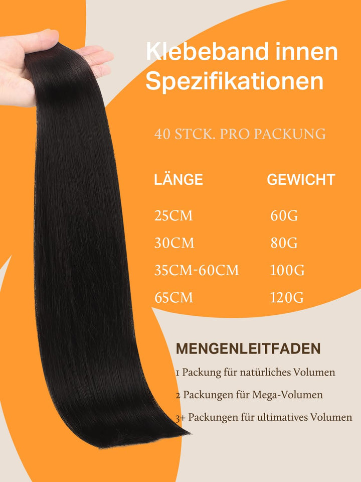 DOORES Extensions Echthaar Tape in, Tief Schwarz 35cm (14zoll) 100g 40pcs, Remy Haarextension Tape i