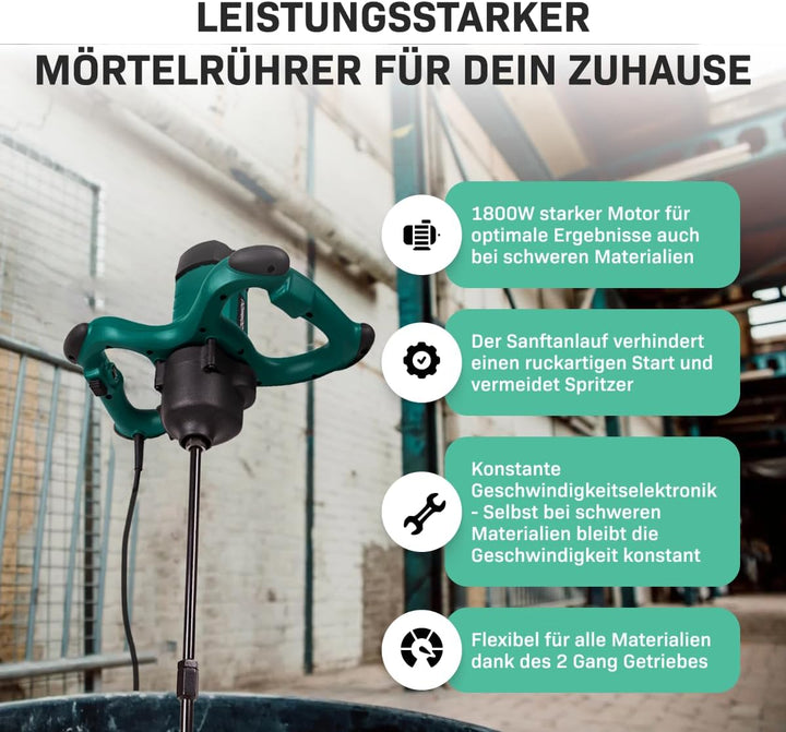 VONROC Farb-/Zementmischer 1800 W – 2 Beschleunigungsstufen – Soft Start – Konstant-Elektronik – 3 m