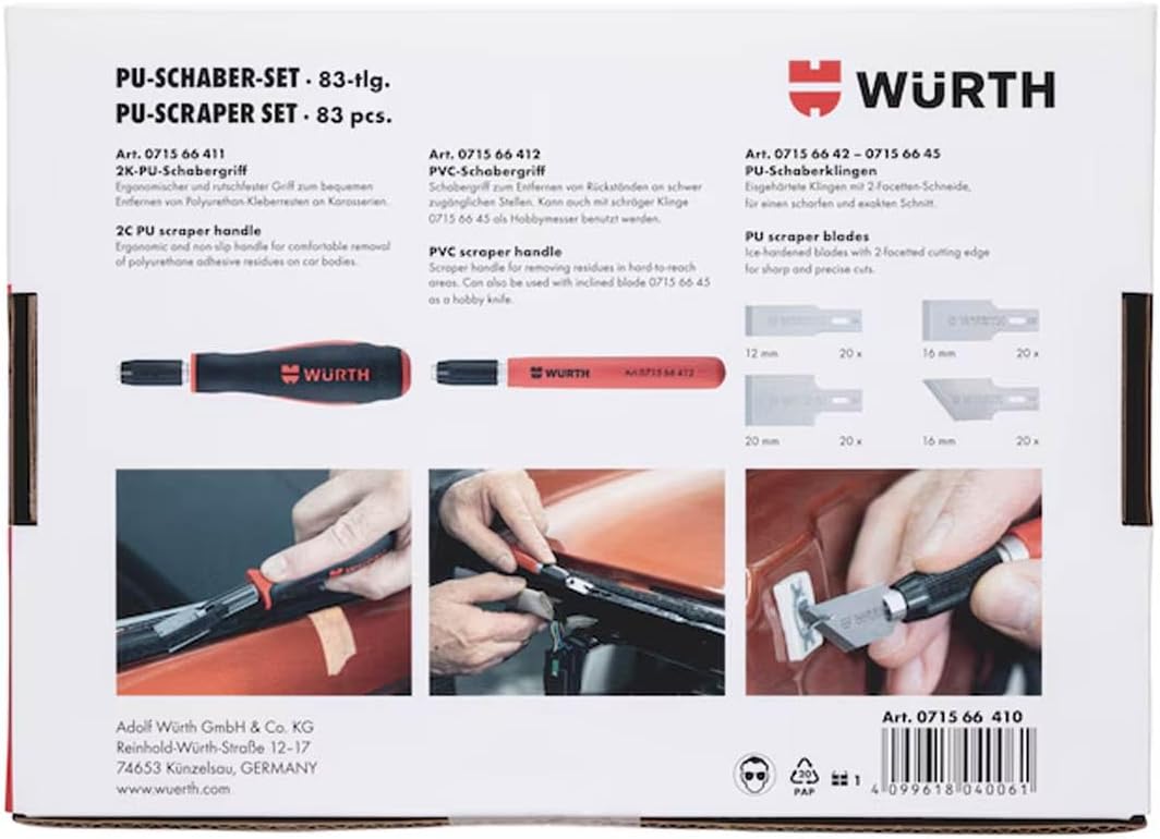 Würth PU-Schaber Set 83 Teile Hochwertiges Schaber-Set zum Entfernen von Kleberesten 071566410 mit 2