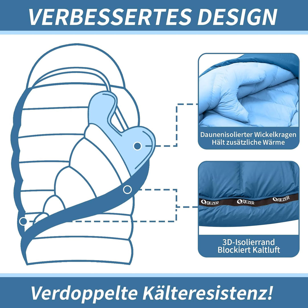 Daunenschlafsack, Winterschlafsack, gefüllt mit 650er Entendaunen. RDS-Zertifiziert. Geeignet für Te