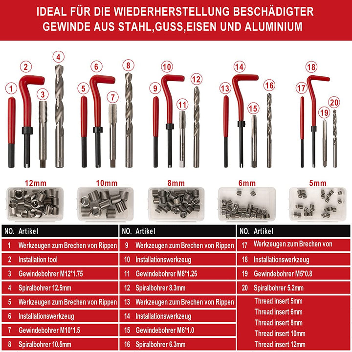 FOURROBBER 131-tlg Gewindereparatur Gewinde Reparatur Satz Werkzeug mit M5 M6 M8 M10 M12 Einsätze Hü