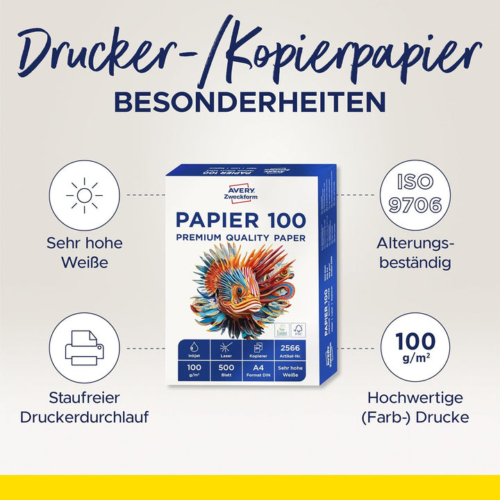 AVERY Zweckform 2566 Drucker-/Kopierpapier (500 Blatt, 100 g/m², DIN A4 Papier, hochweiss, für alle