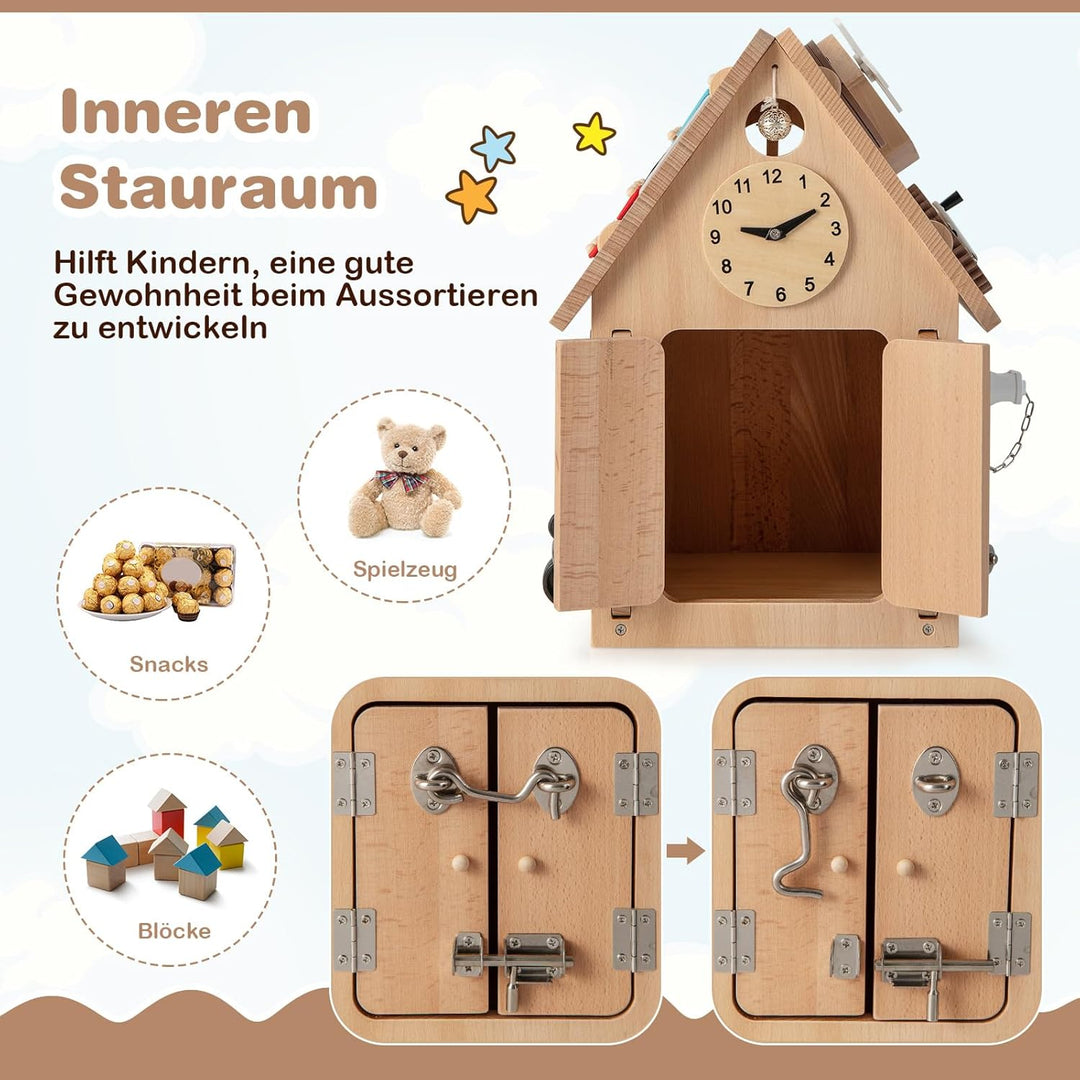 COSTWAY Kinder Spielhaus aus Holz, sensorisches Spielzeughaus mit Sinnesspielen & Stauraum im Innere