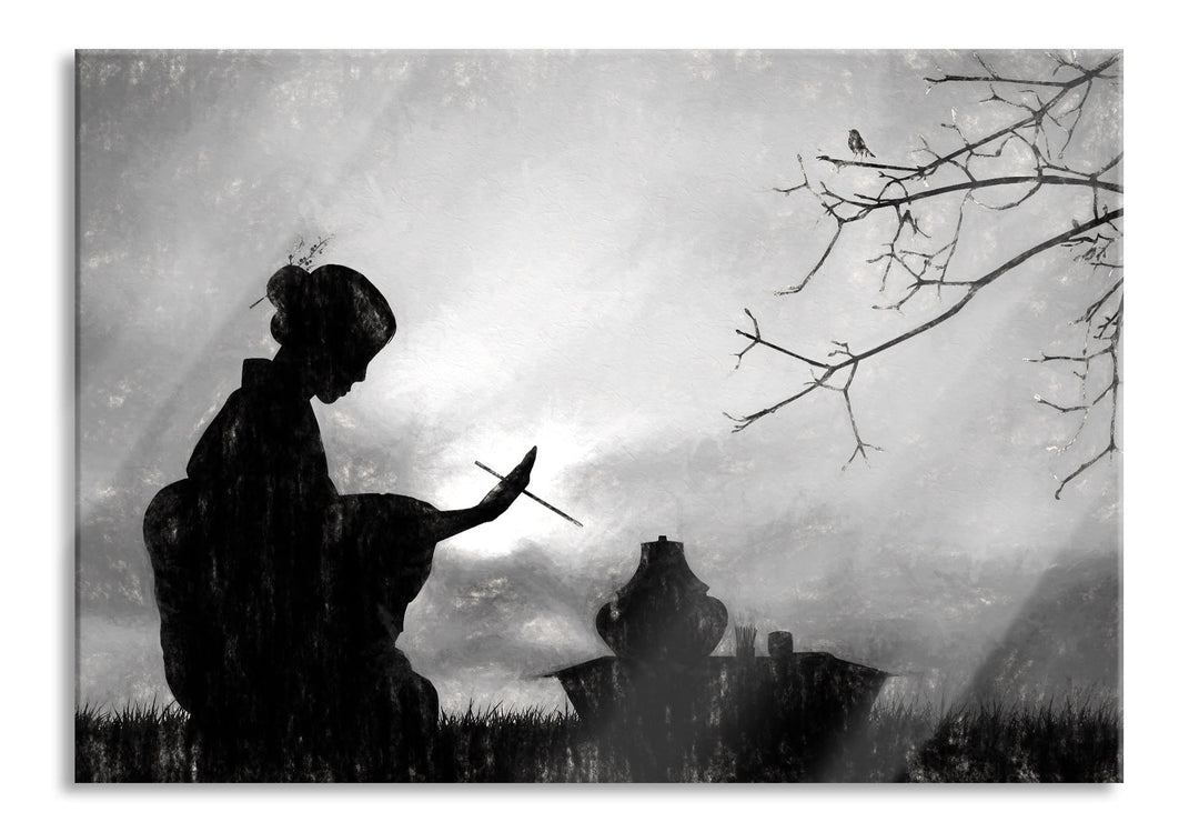 Pixxprint Glasbild | Wandbild aus Echtglas | Geisha | 60x40 cm | inkl. Aufhängung und Abstandshalter