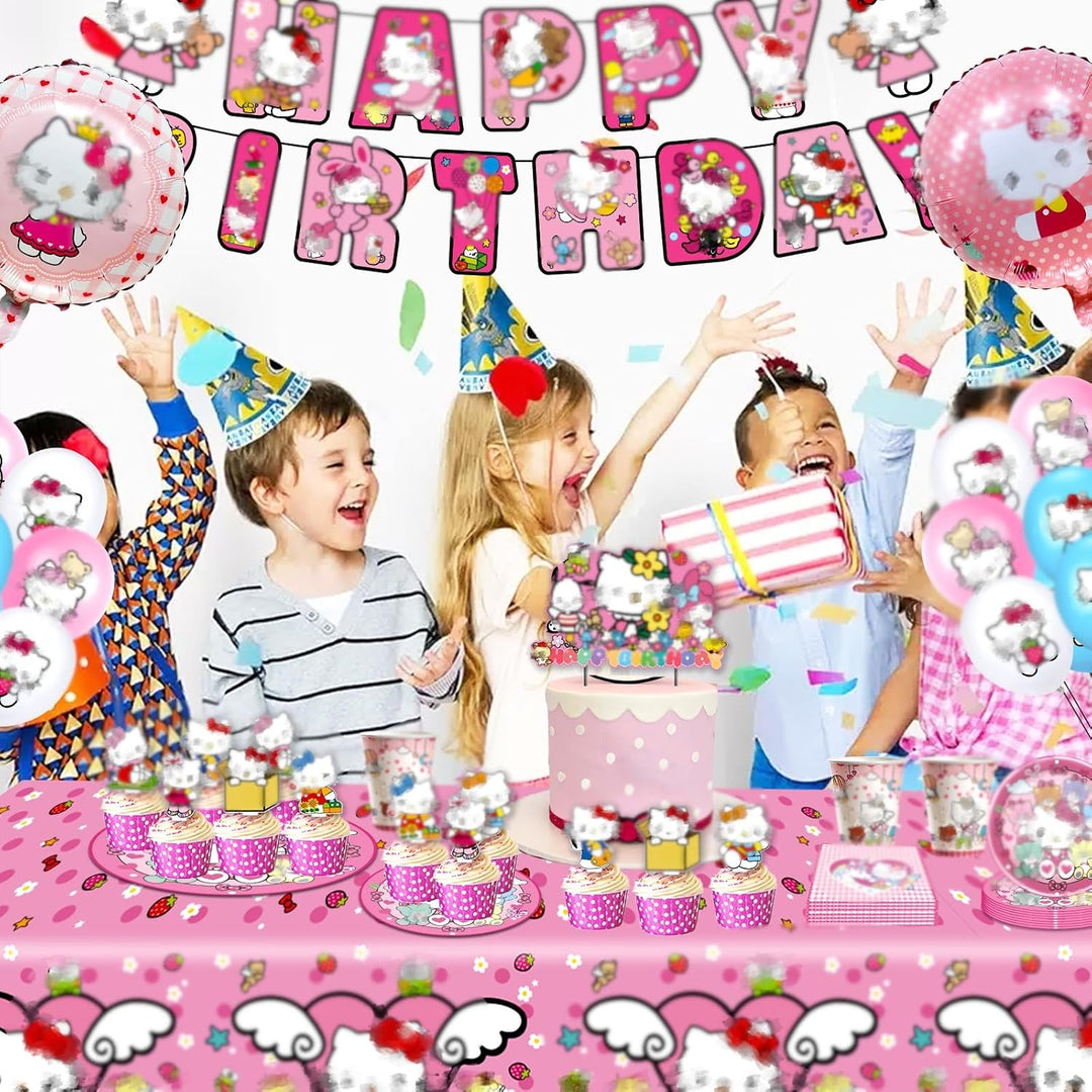 Katzen Luftballons Geburtstagsdeko, 99PCS Pink Partygeschirr Set Deko Geburtstag Pappteller Kinderge