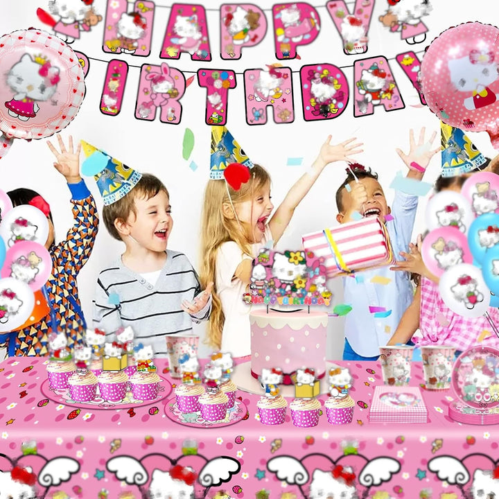 Katzen Luftballons Geburtstagsdeko, 99PCS Pink Partygeschirr Set Deko Geburtstag Pappteller Kinderge
