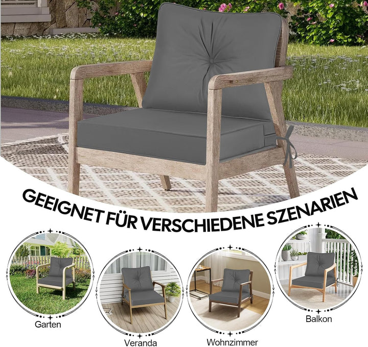 Outdoor Stuhlkissen 50x50, Schaumstoff Sitzkissen mit Bändern | Grau Wasserdichtes Gartenpolster mit