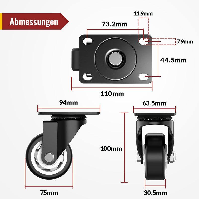 75mm Lenkrollen mit Sicherheitsbremse 4er Set Schwerlastrollen (2 mit Bremsen und 2 ohne) Möbelrolle