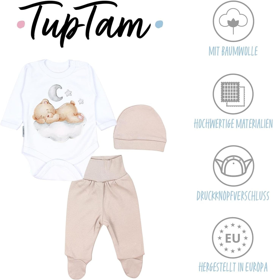TupTam Baby Mädchen Jungen Bekleidungsset Langarmbody Hose Mütze mit Aufdruck Spruch 3 teilig 62 Bär