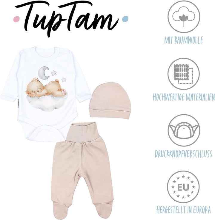 TupTam Baby Mädchen Jungen Bekleidungsset Langarmbody Hose Mütze mit Aufdruck Spruch 3 teilig 50 Bär